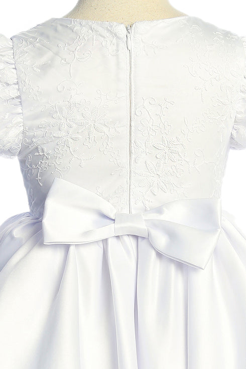 Girls White Babydoll Embroidered Puff Sleeve Satin Communion Dress 6-16